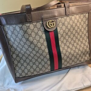Gucci GG Canvas Tote with Web Stripe - Brown/Beige/Green/Red